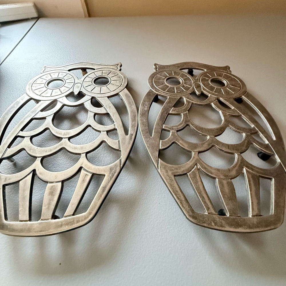 VTG Leonard Owl Silverplate Trivet Wall Hanging MCM Set Of 2 Made In Italy (2)